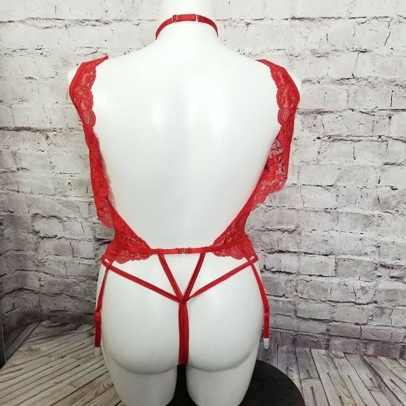 Shirley of Hollywood Red Lace Teddy XL Deep V Gartered Bodysuit Lingerie Collar - Picture 6 of 8